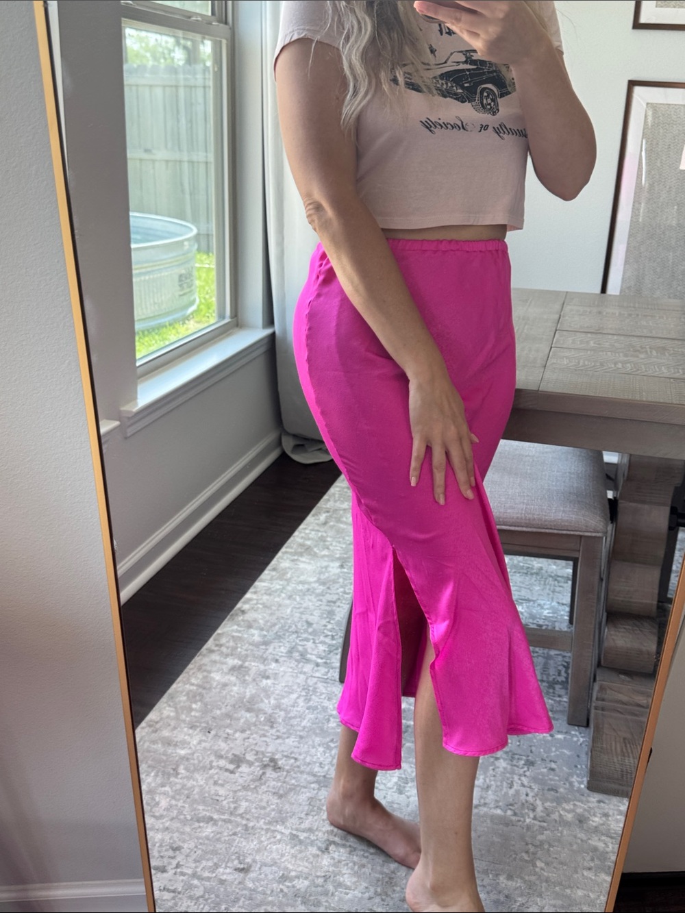 Neon Barbie Hot Pink Women's Satin Midi Slide Slit Skirt - Picture 3 of 16